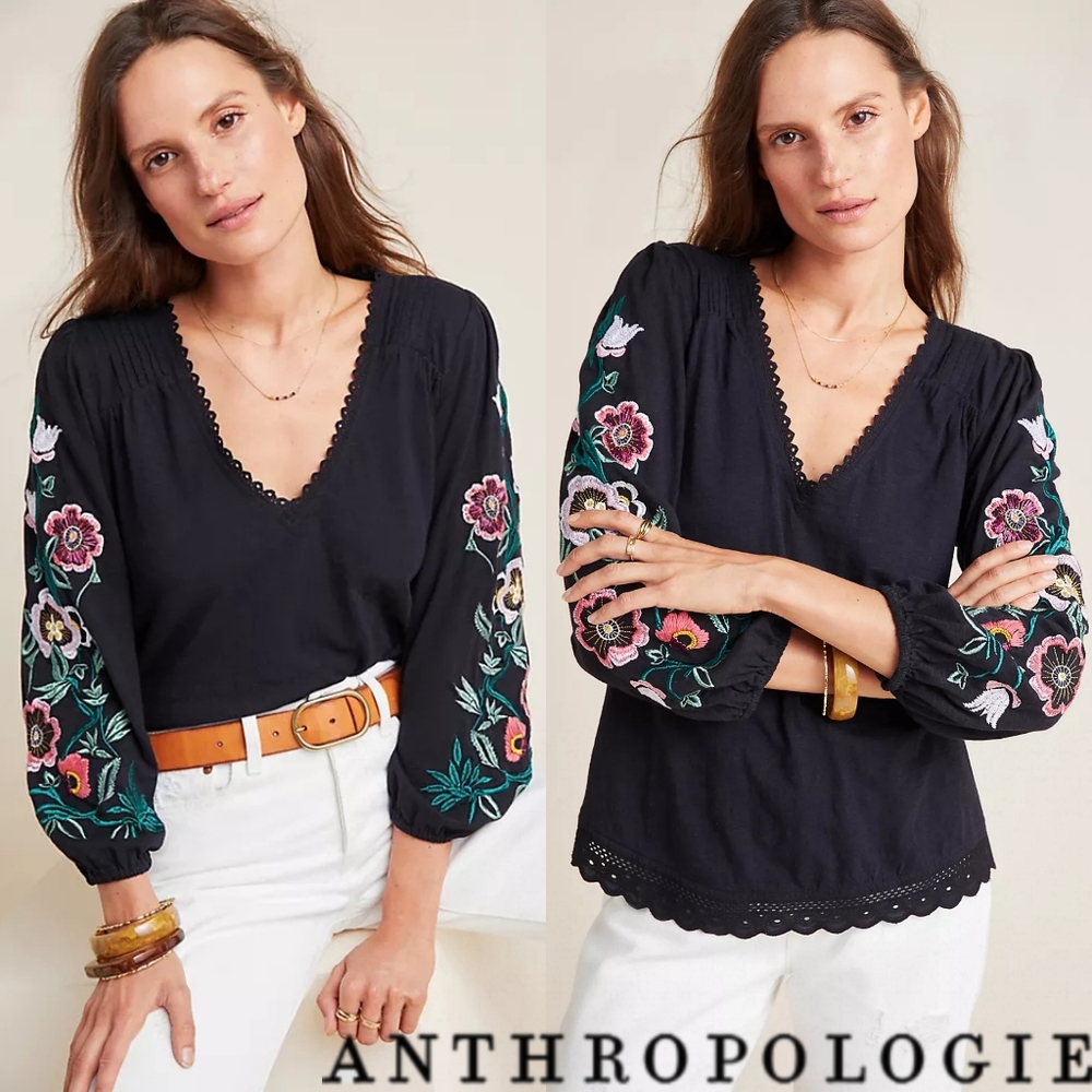 Anthropologie Black Floral Embroidered Blouse